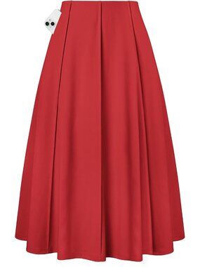 Women's Red Panel-pleated High-waisted Deep Side Pockets A Line Flowy Skirt